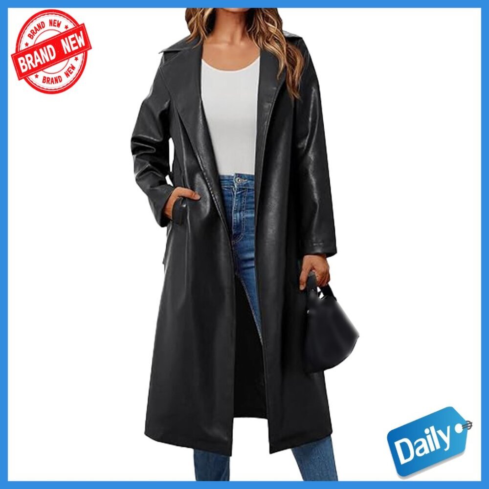 Faux Leather Trench Coat, Notched Lapel, Belted, Long Sleeve, Open Front